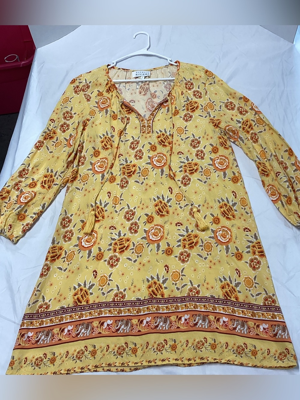 Women's Yellow Floral Tassel Tunic Dress